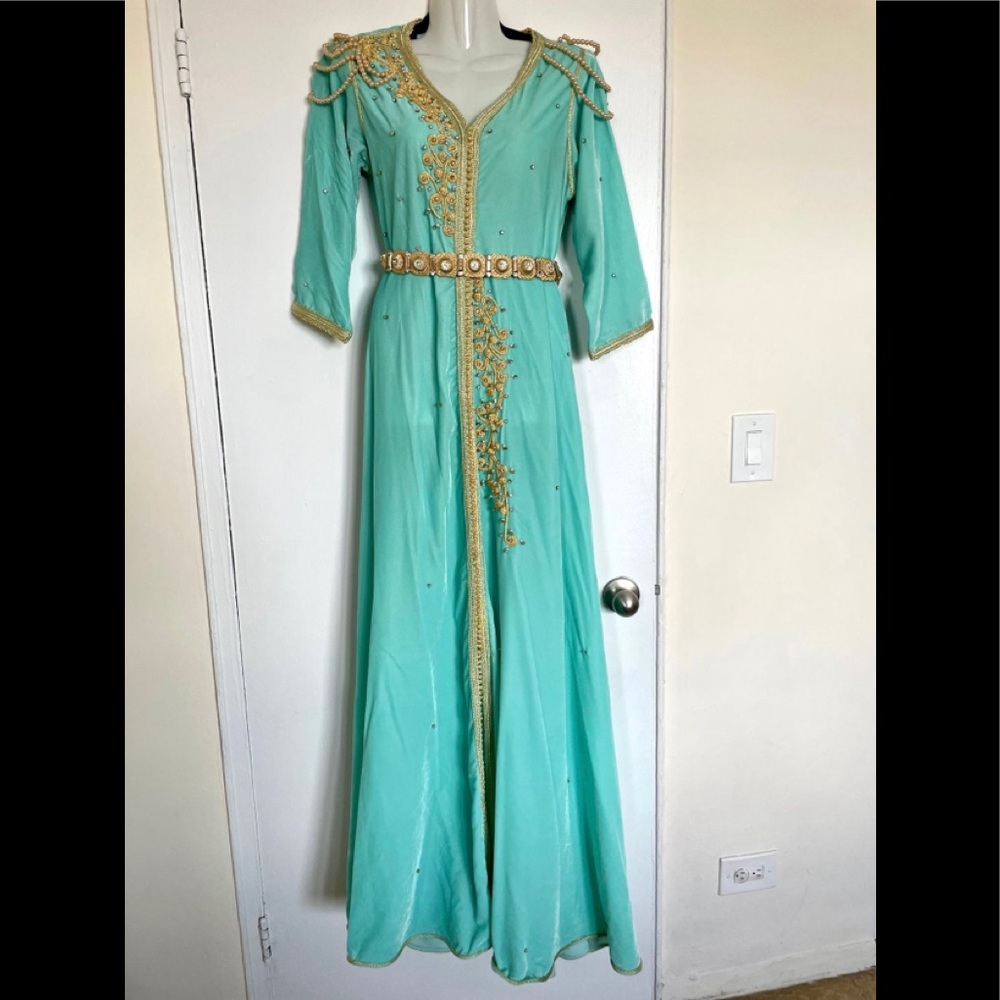 Light blue velvet kaftan with gold embroidery